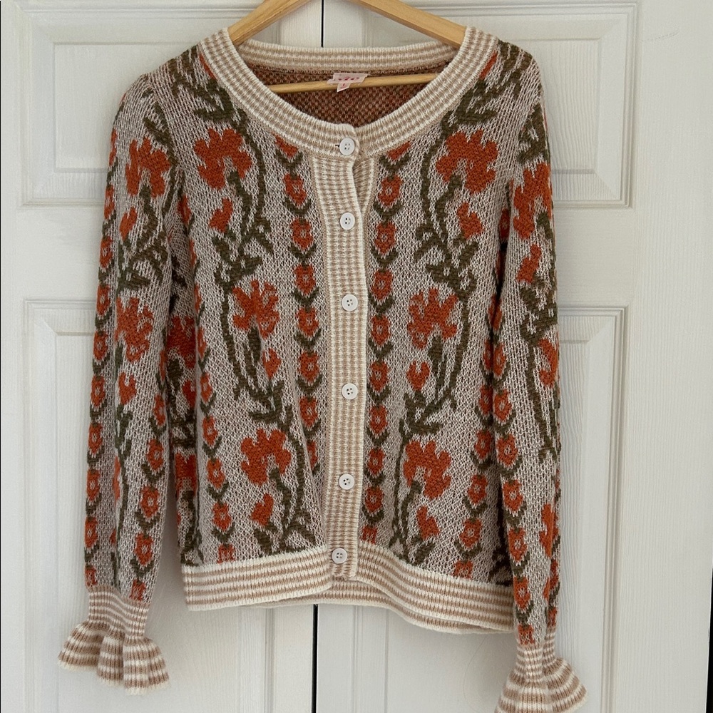 Floral Knit Button-Up Sweater - Orange and Green